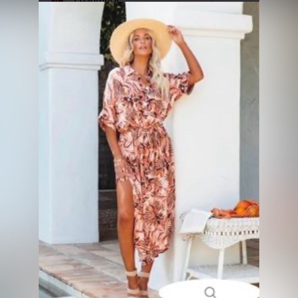 Vici Tan Peach Leaf Tropical Print Maxi Dress 
Oversize Size Medium